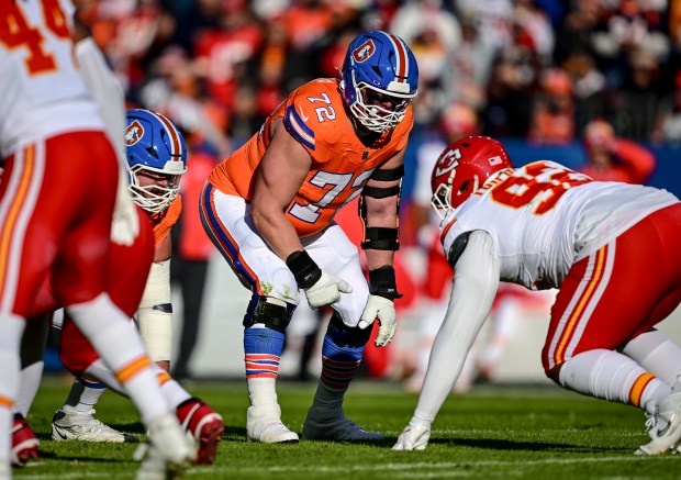 Garett Bolles (72) of the Denver Broncos lines up against the Kansas City Chiefs during the first quarter at Empower Field at Mile High on Sunday, Jan. 5, 2025. (Photo by AAron Ontiveroz/The Denver Post)